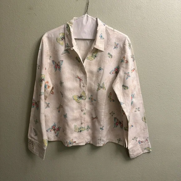 Talbots 100% Linen Button Down Blouse Size 10 Butterfly Print - Picture 6 of 13